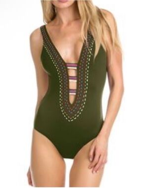 Becca One Piece Swimsuit Large Olive Green Plunge Cutout Embroidered Boho